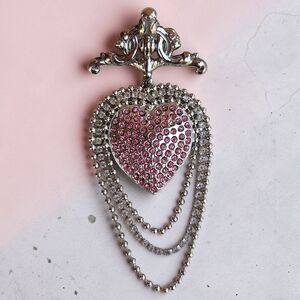Vintage Kirk's Folly Art Nouveau Style Pink Rhinestone Hearts Brooch With Chains